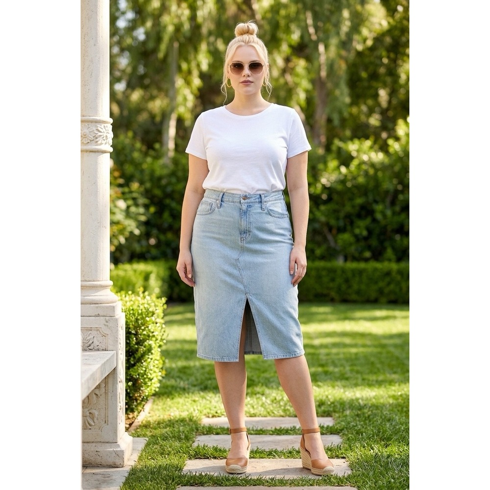 Madewell Rilee Denim Midi Skirt Light Wash High Rise Front Slit SZ:32
